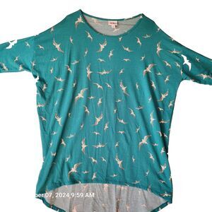 LuLaRoe Medium Womens Top Seagulls Bluish Green Hi Low Hem Short Sleeve